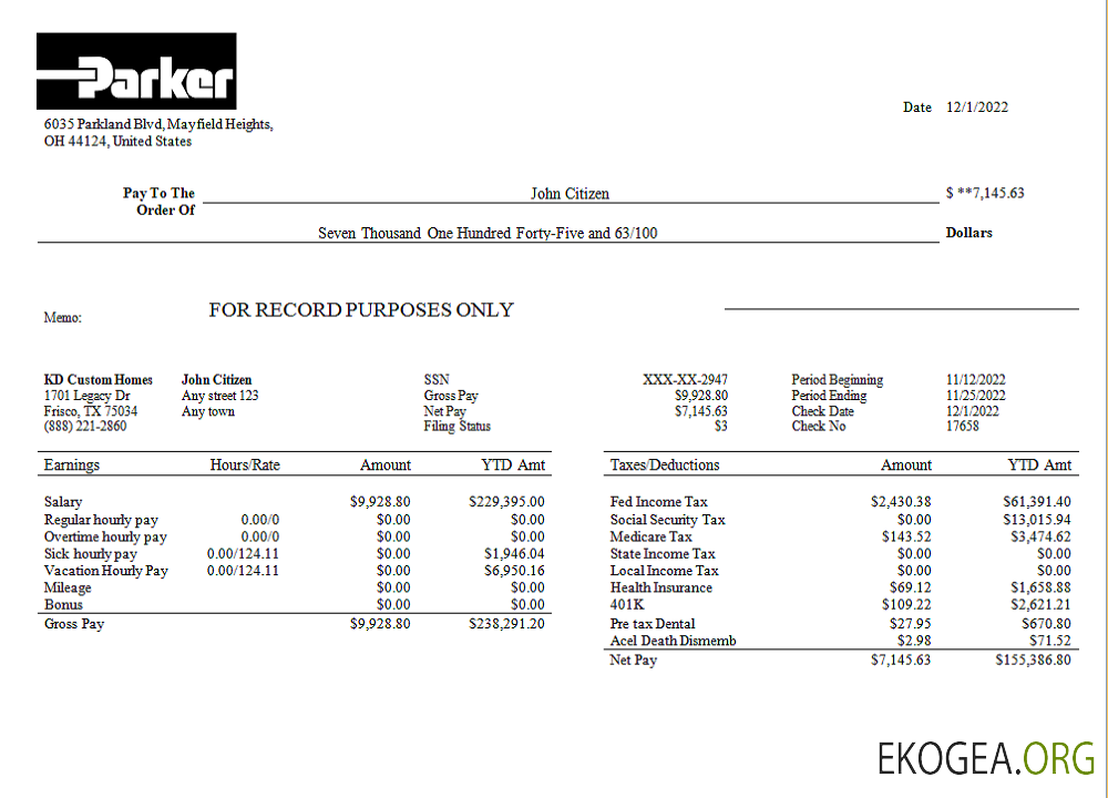 Fiche de paie de la société d'ingénierie Parker Hannifin aux États Unis